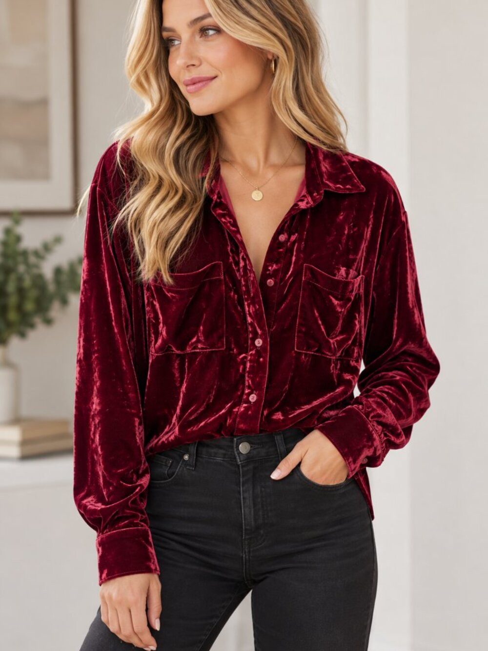 BiBi Velvet Button-Up Blouse